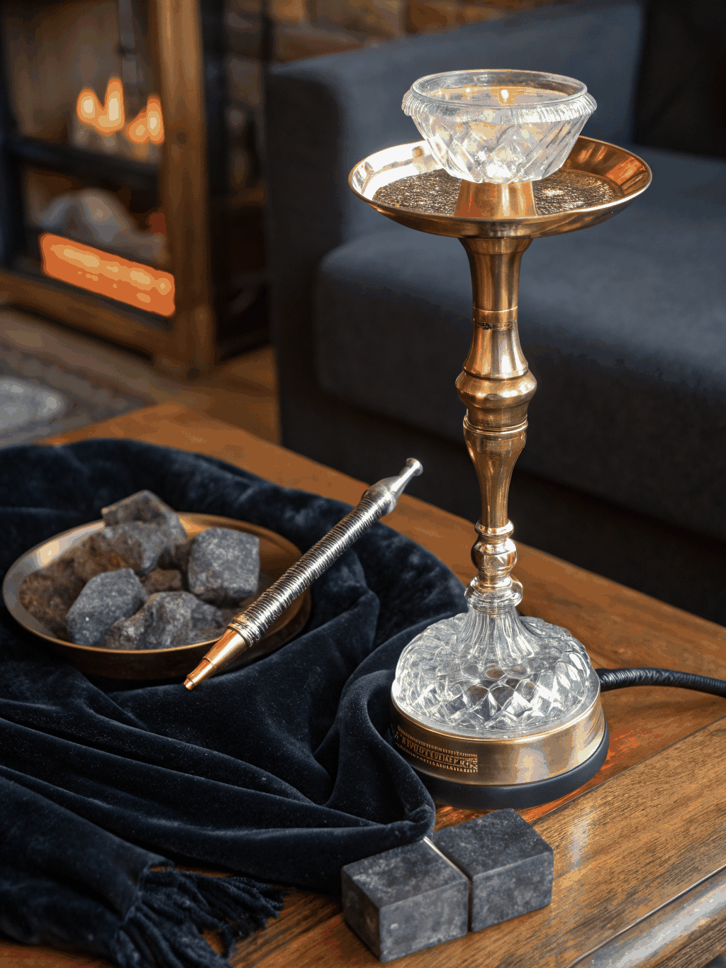 Handcrafted stainless steel and bohemian crystal hookah stem in low ambient light