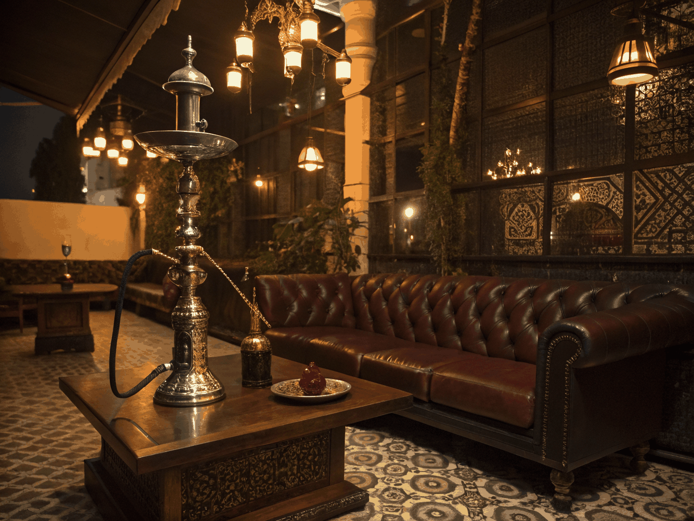 Handcrafted hookah pipe with glowing coals in a warm moody lounge