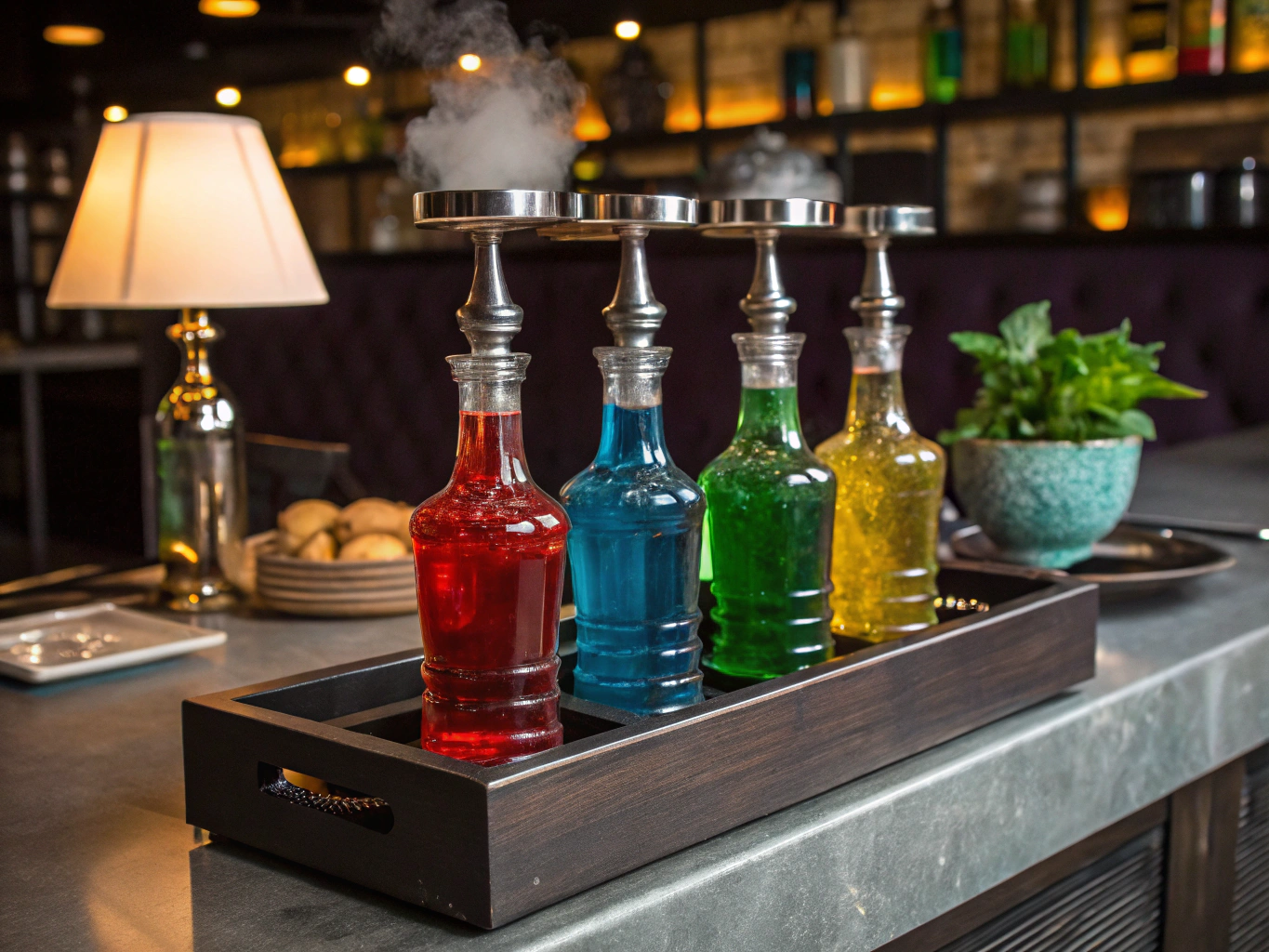 Artisan preparation station with bowls, premium shisha blends, and brass tools